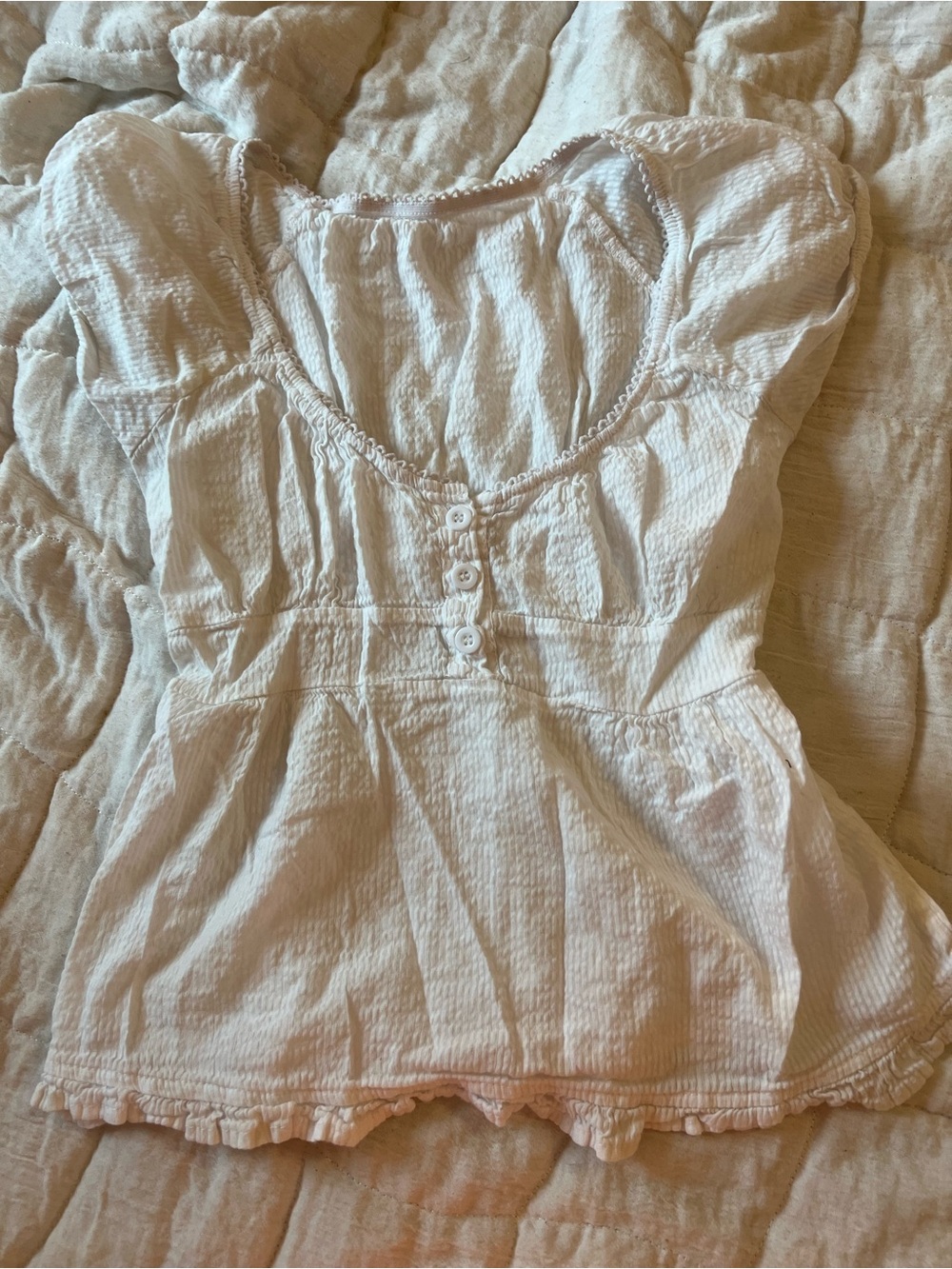 White Textured Peplum Button-Front Top